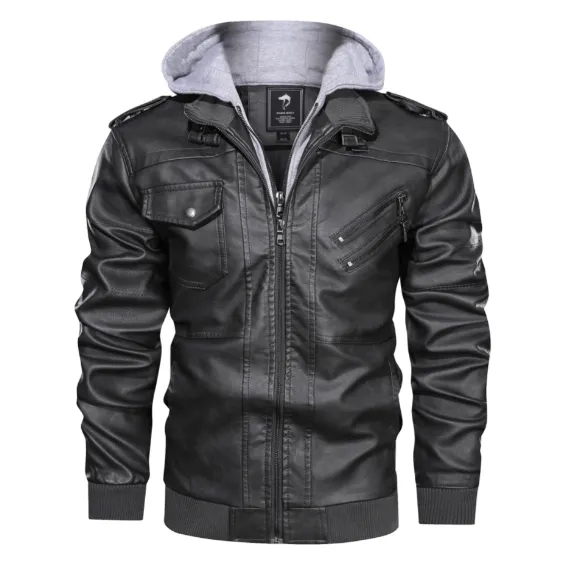 Hooded Stand-Up Collar Detachable Leather Jacket