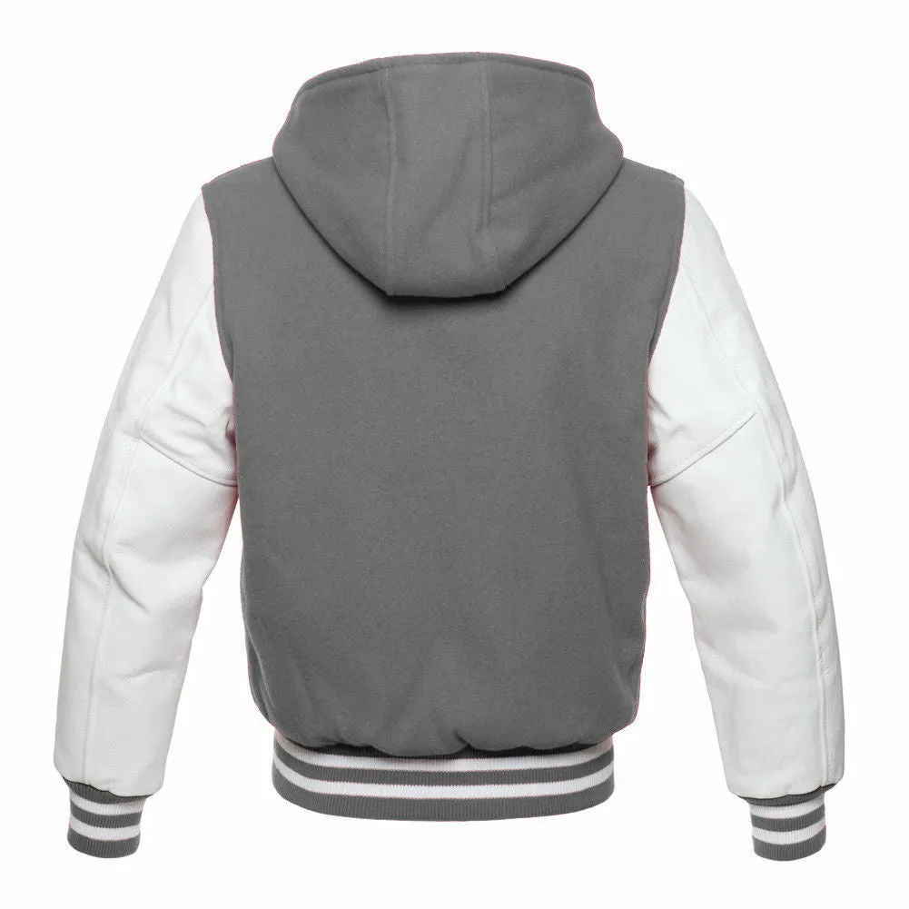 Mens Hoodie Wool Body  Genuine Leather Arm Sleeves Grey/White