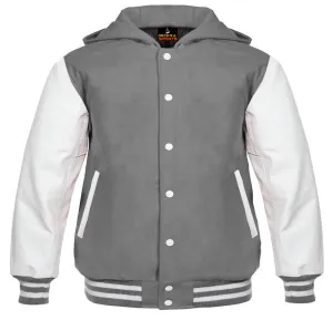 Mens Hoodie Wool Body  Genuine Leather Arm Sleeves Grey/White