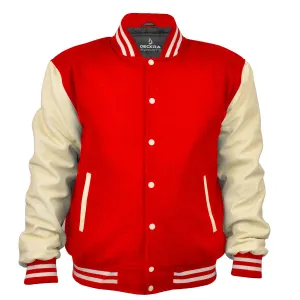 Mens Premium Varsity Jacket with Genuine Leather Sleeves and Wool Body in Red/Cream