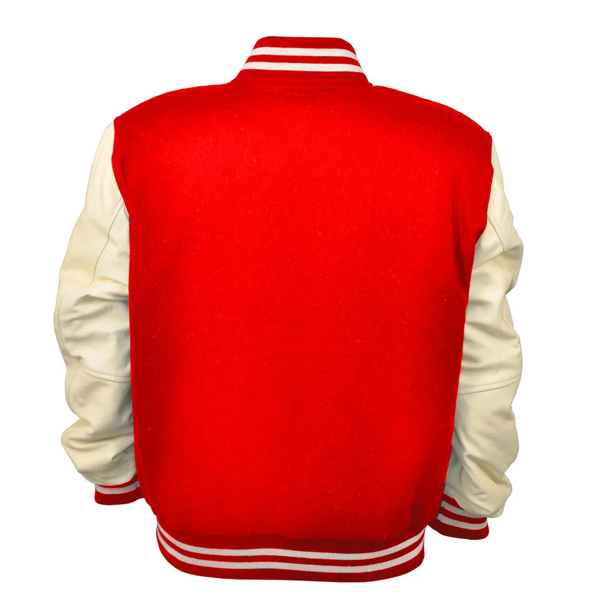 Mens Premium Varsity Jacket with Genuine Leather Sleeves and Wool Body in Red/Cream