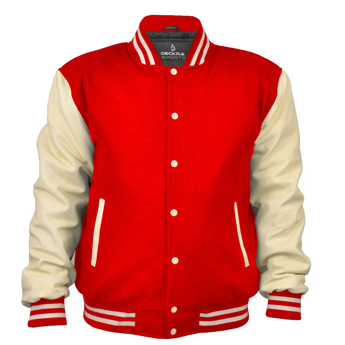 Mens Premium Varsity Jacket with Genuine Leather Sleeves and Wool Body in Red/Cream