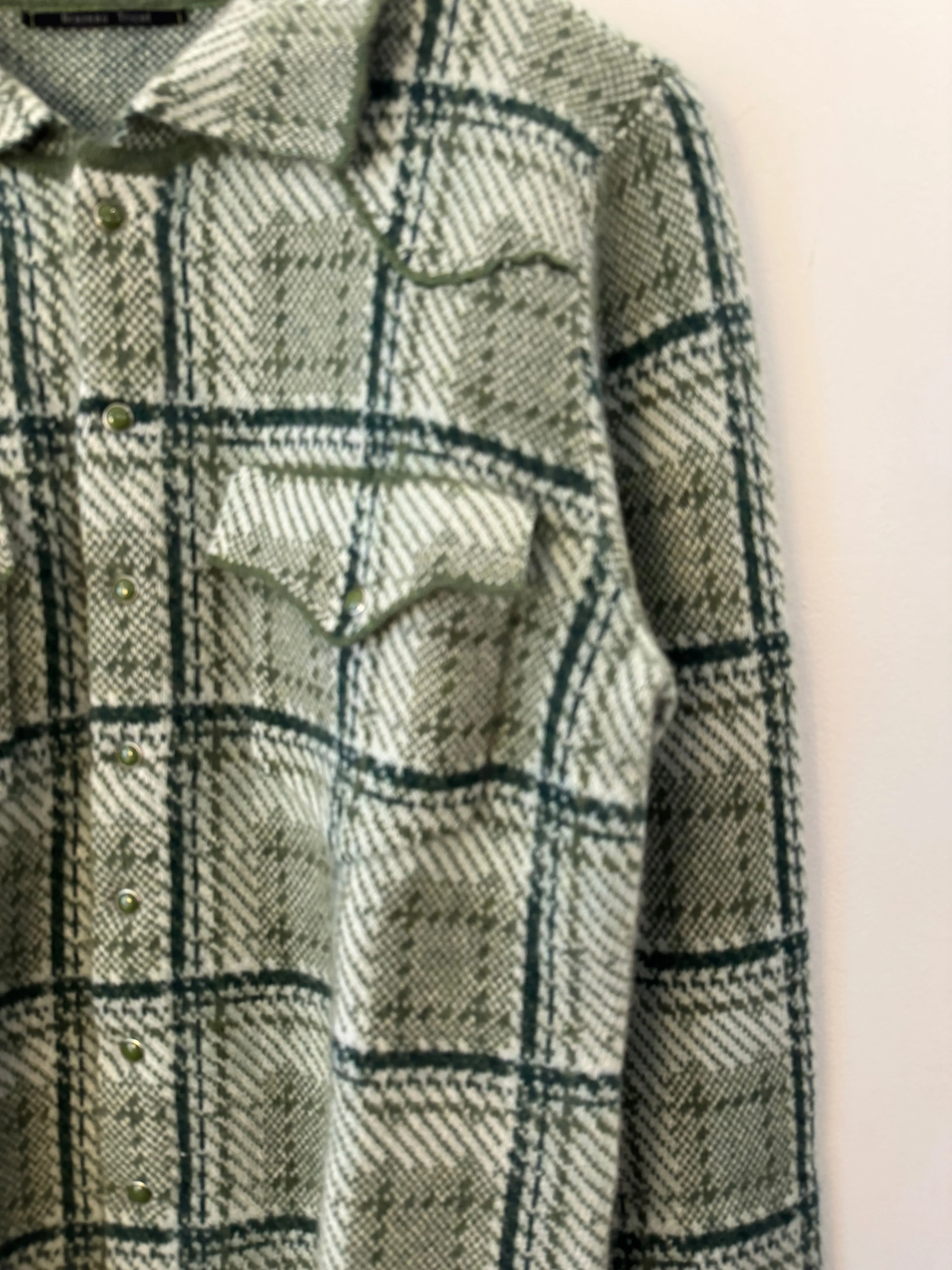 Soft Cashmere Cowgirl Cardigan Sweater in Moss Plaid Pattern