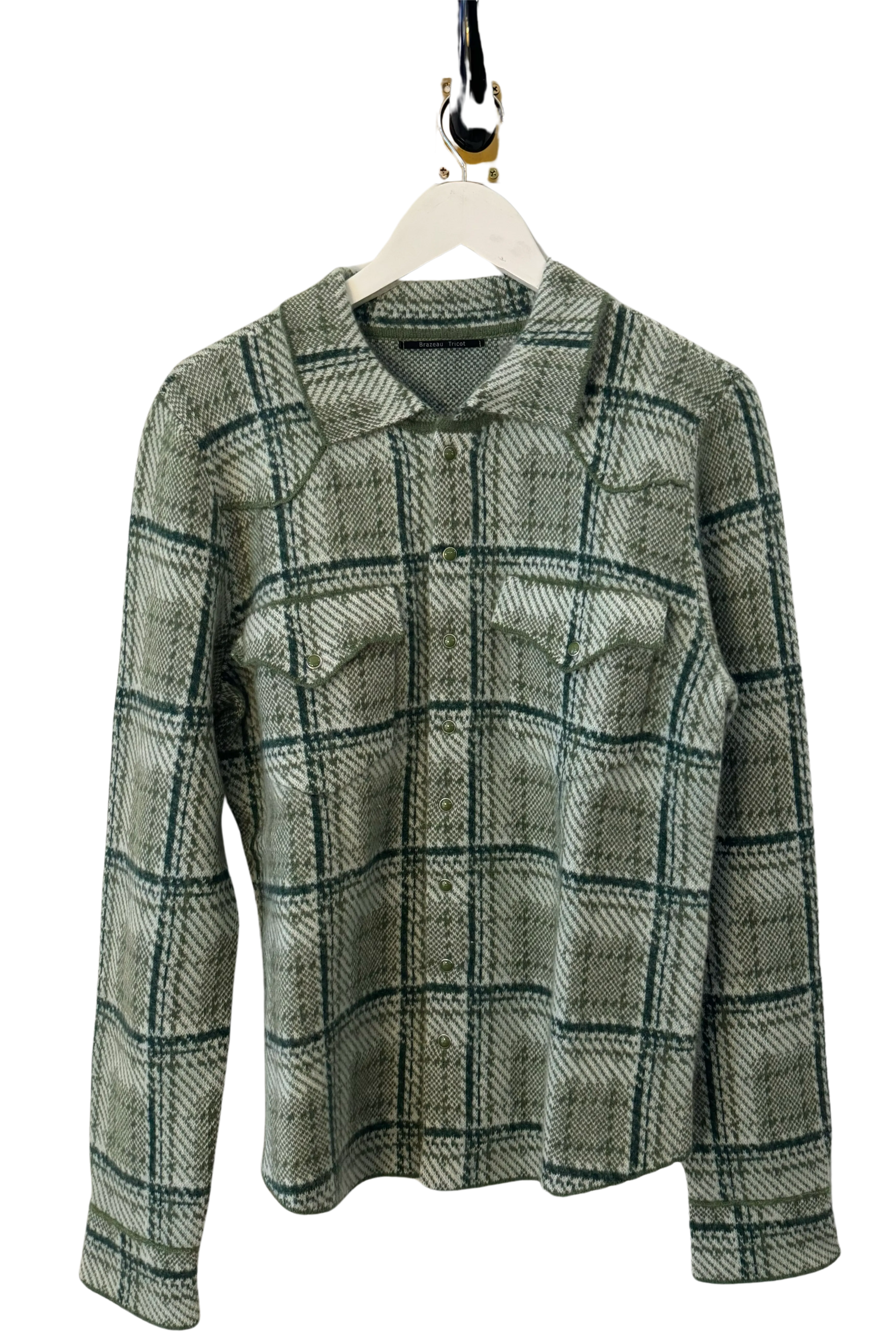 Soft Cashmere Cowgirl Cardigan Sweater in Moss Plaid Pattern