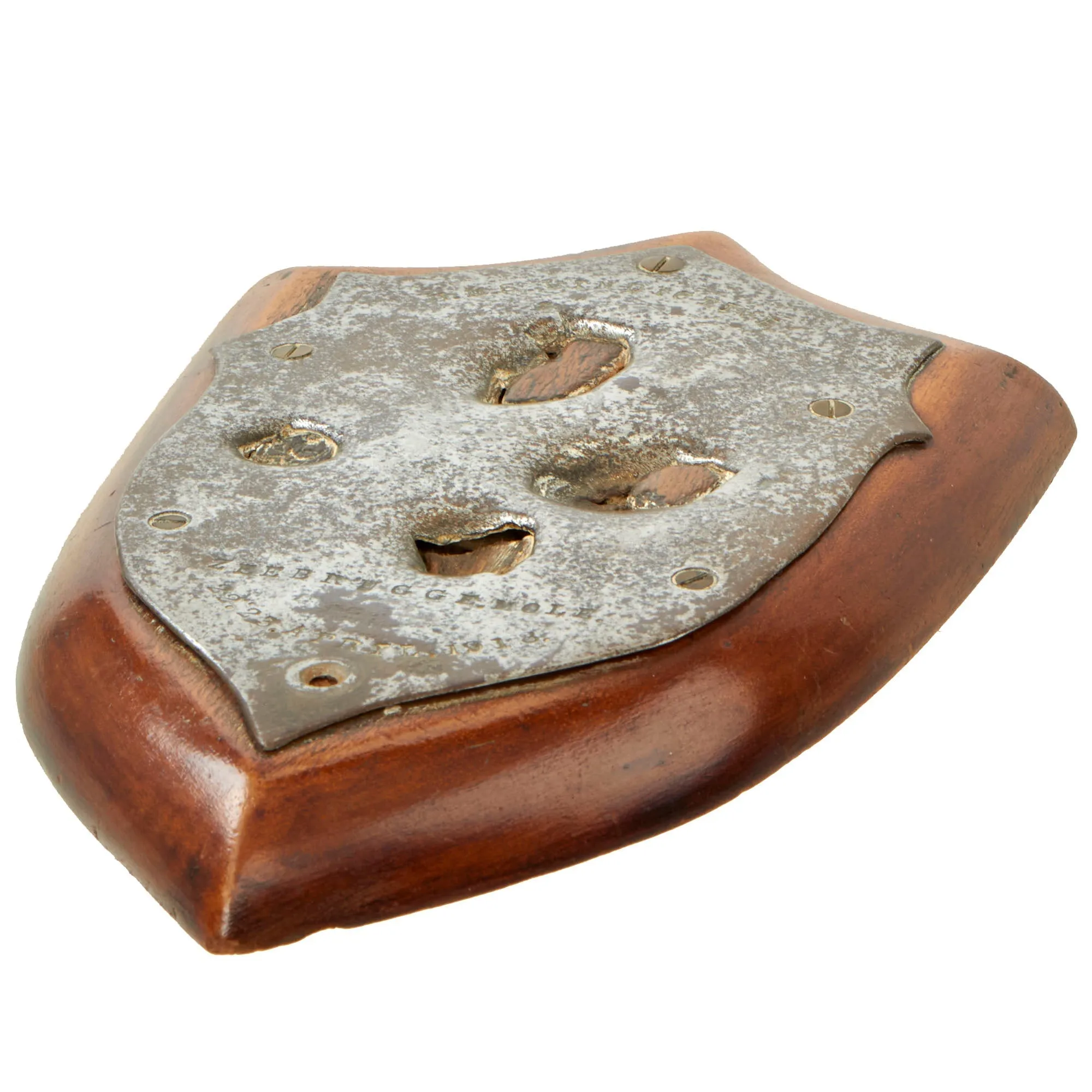 Original British WWI Trench Art Wood Shield With Battle Damaged Steel Section From HMS Vindictive, Sunk During Zeebrugge Raid, As Featured In The Book “Trench Art, An Illustrated History” by Jane Kimball on Page 55