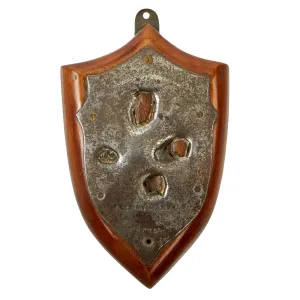Original British WWI Trench Art Wood Shield With Battle Damaged Steel Section From HMS Vindictive, Sunk During Zeebrugge Raid, As Featured In The Book “Trench Art, An Illustrated History” by Jane Kimball on Page 55