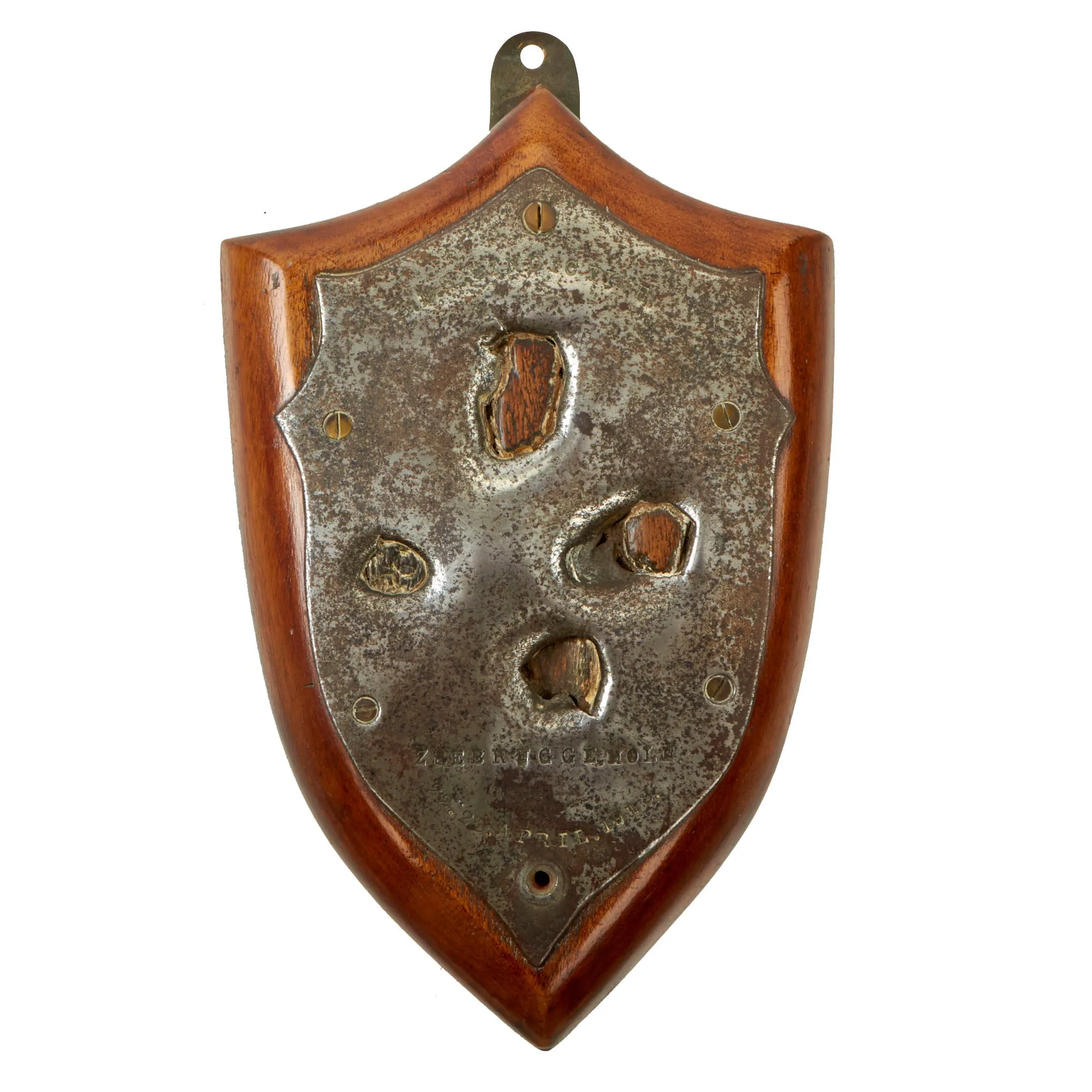 Original British WWI Trench Art Wood Shield With Battle Damaged Steel Section From HMS Vindictive, Sunk During Zeebrugge Raid, As Featured In The Book “Trench Art, An Illustrated History” by Jane Kimball on Page 55