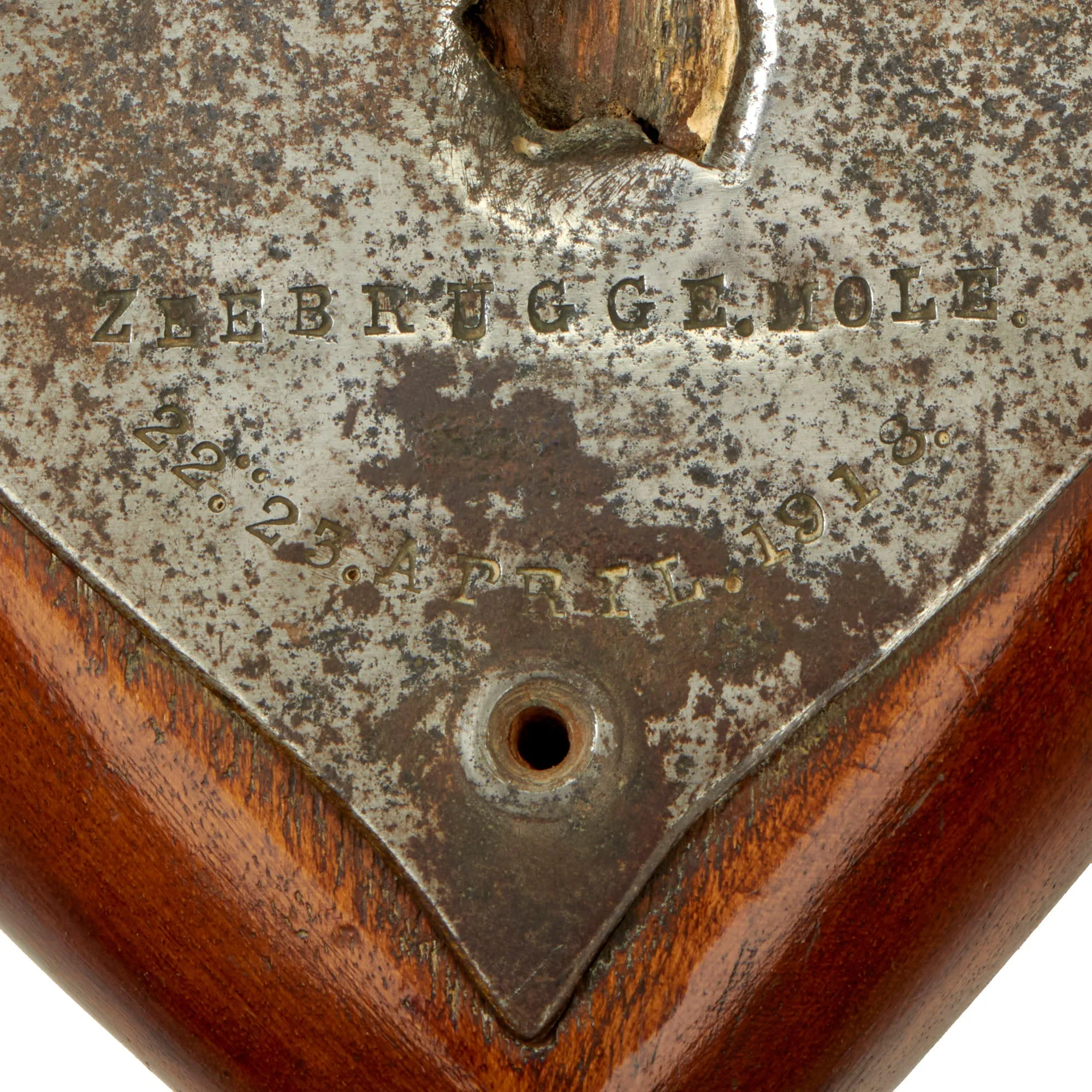 Original British WWI Trench Art Wood Shield With Battle Damaged Steel Section From HMS Vindictive, Sunk During Zeebrugge Raid, As Featured In The Book “Trench Art, An Illustrated History” by Jane Kimball on Page 55