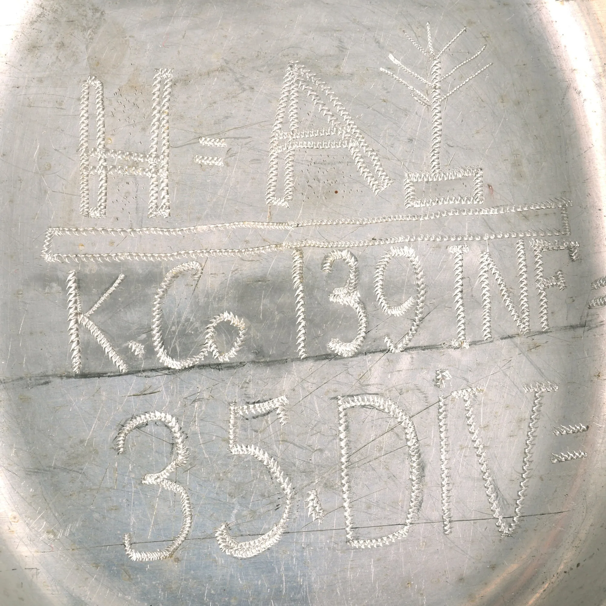 Original U.S. WWI Trench Art M1910 Mess Kit Dated 1918 Personalized by Ester Laubstine, K. Company of the 139th Infantry Regiment, 35th Infantry DIvision