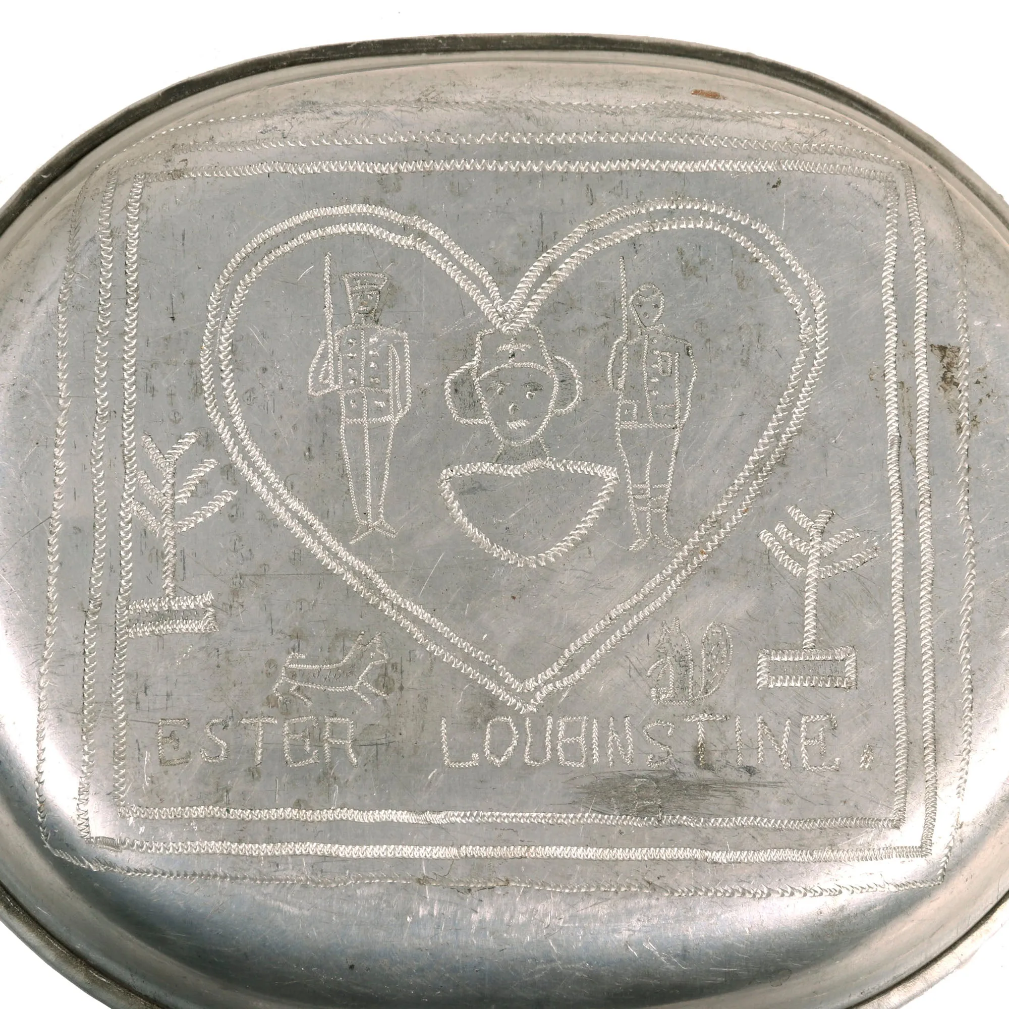 Original U.S. WWI Trench Art M1910 Mess Kit Dated 1918 Personalized by Ester Laubstine, K. Company of the 139th Infantry Regiment, 35th Infantry DIvision