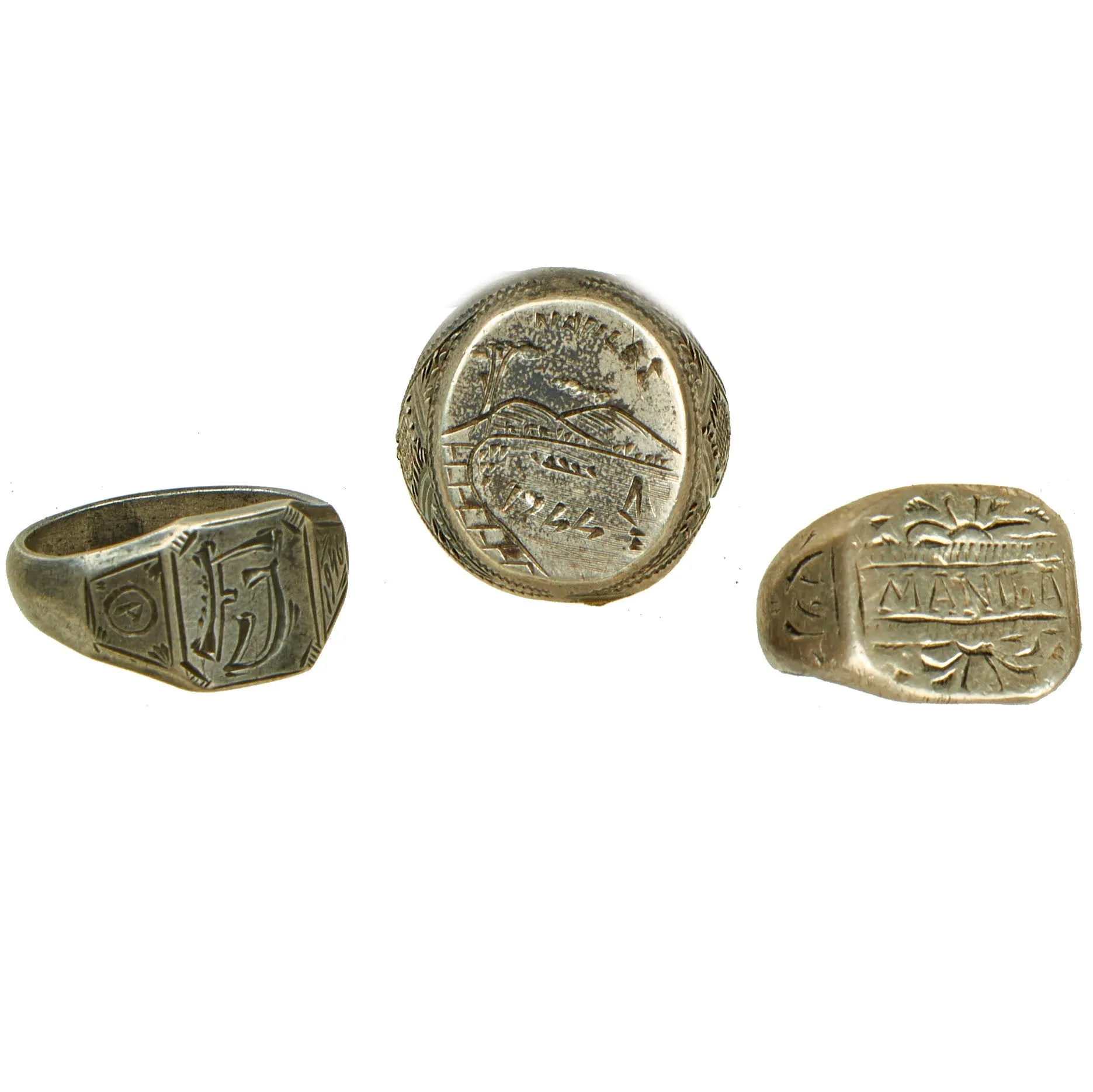 Original U.S. WWII Military Trench Art Ring Lot Featuring 3rd Army Ring - 3 Rings