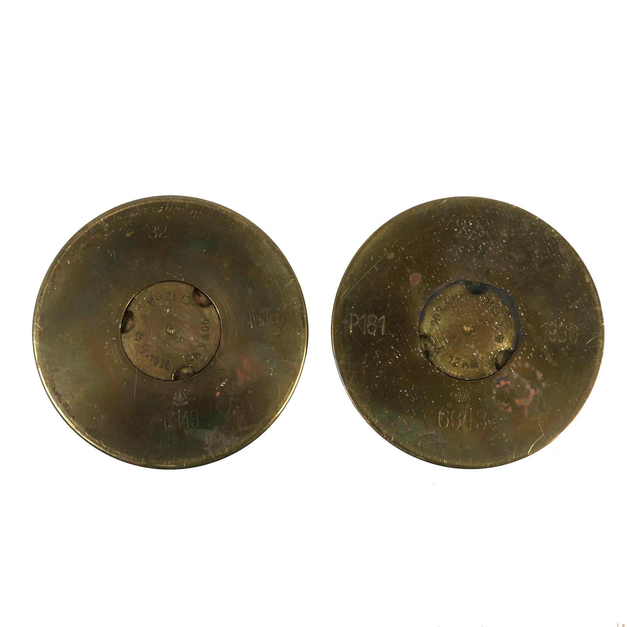 Original U.S. WWII Pair of German Artillery Shell Candle Stick Holders Trench Art - Dated 1936