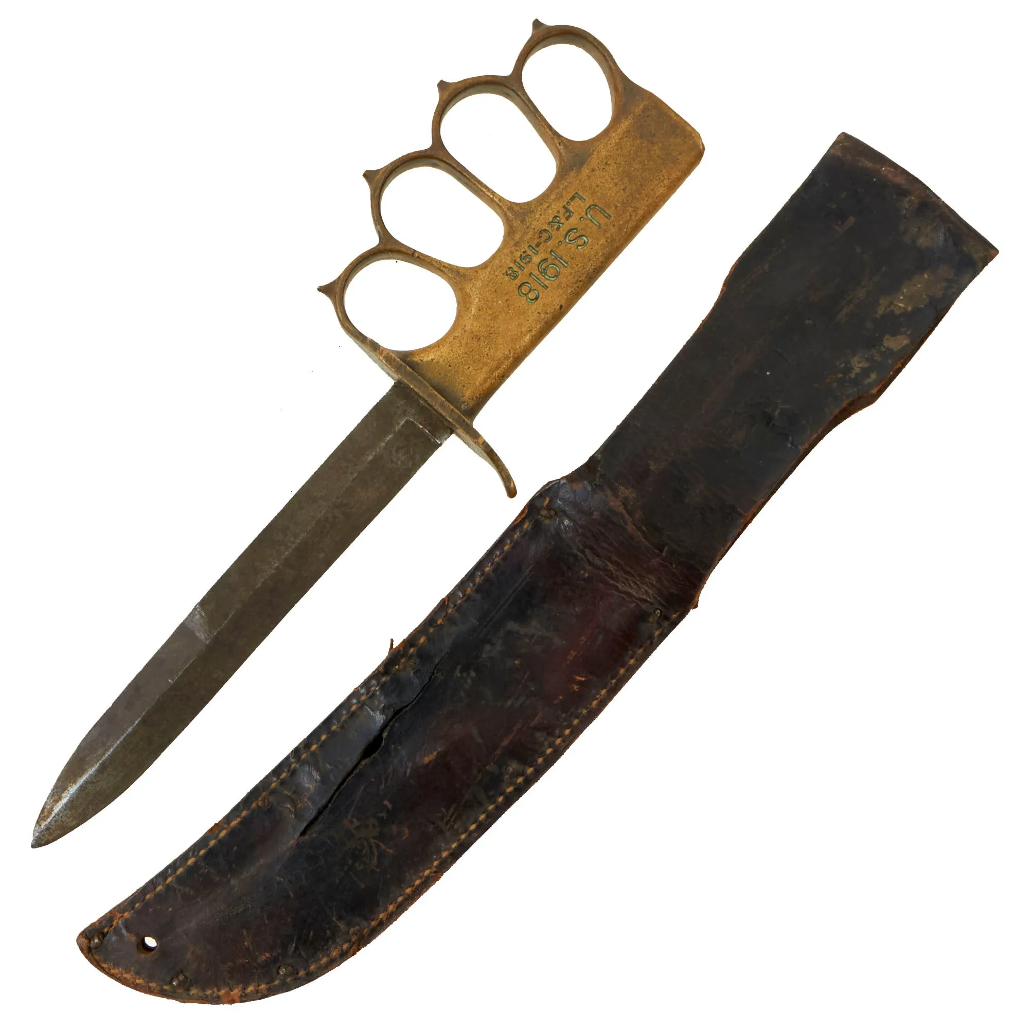 Vintage U.S. WWI/WWII Model 1918 Mark 1 Trench Knife with Paratrooper-Modified Grip, M3 Fighting Knife Blade, and Leather Sheath