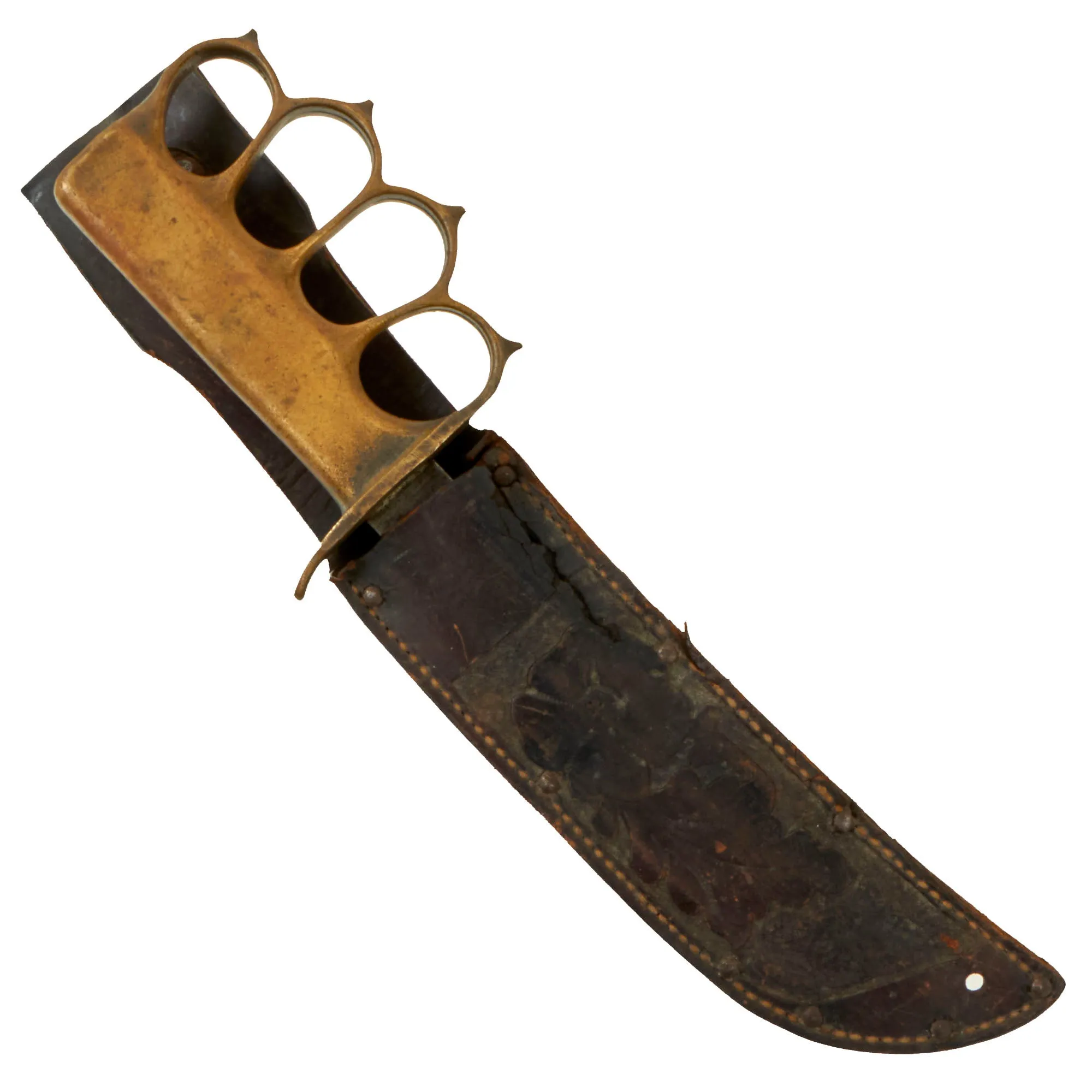 Vintage U.S. WWI/WWII Model 1918 Mark 1 Trench Knife with Paratrooper-Modified Grip, M3 Fighting Knife Blade, and Leather Sheath