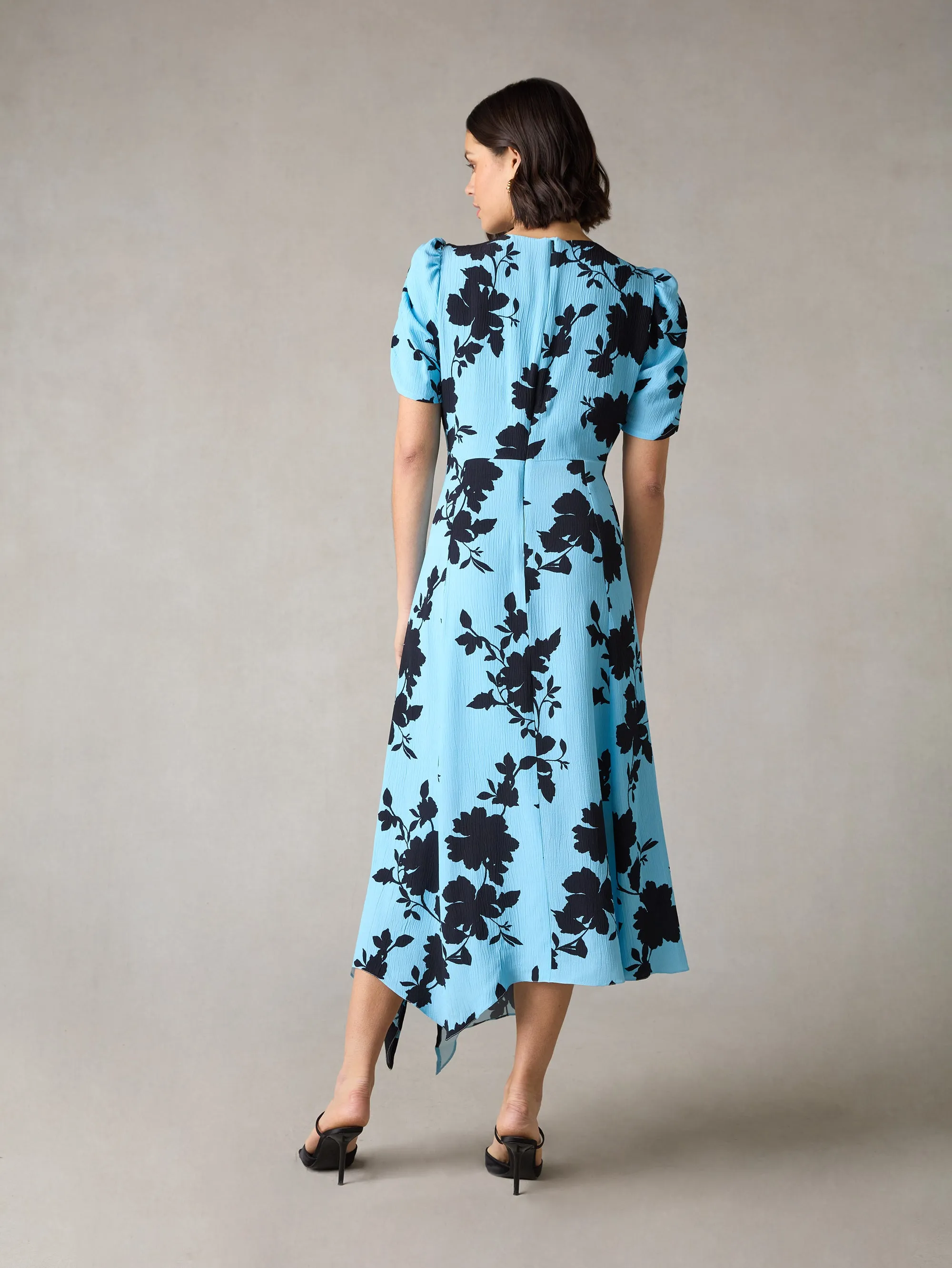 Petite Luna Blue Shadow Floral Print Midi Dress