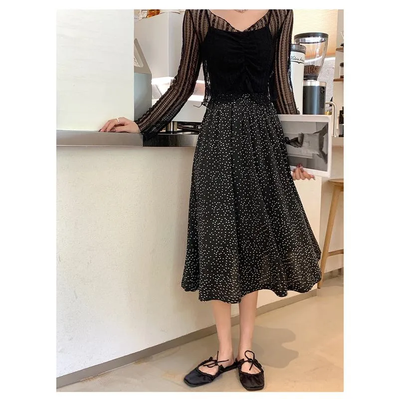 Plus Size High-Waisted Polka Dot Black Slimming Mesh Skirt
