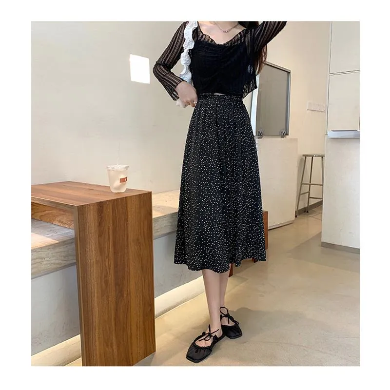 Plus Size High-Waisted Polka Dot Black Slimming Mesh Skirt