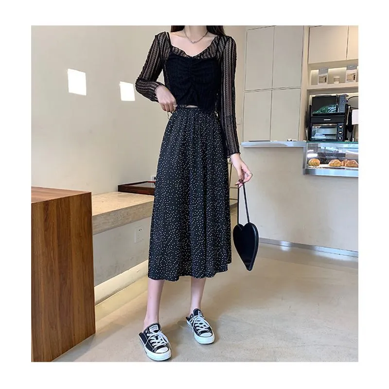 Plus Size High-Waisted Polka Dot Black Slimming Mesh Skirt
