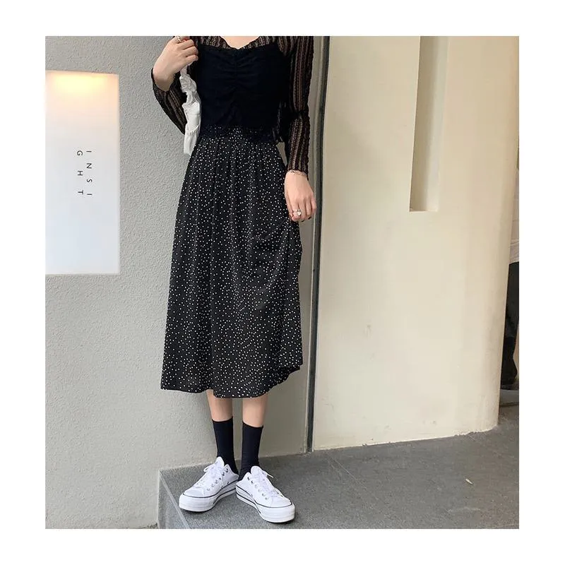 Plus Size High-Waisted Polka Dot Black Slimming Mesh Skirt