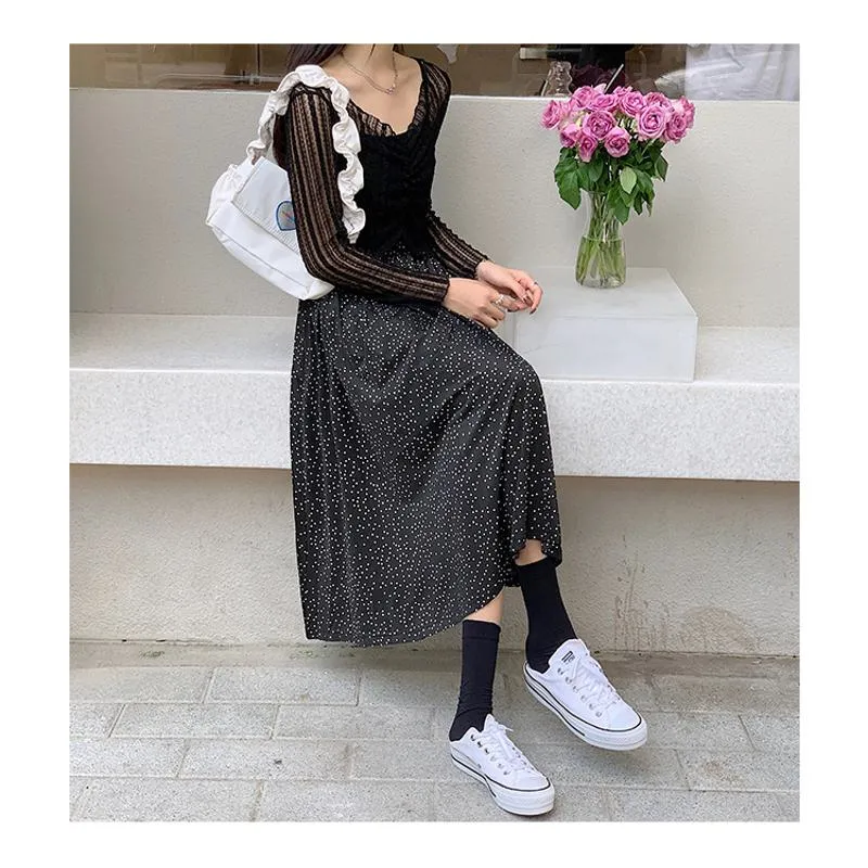 Plus Size High-Waisted Polka Dot Black Slimming Mesh Skirt