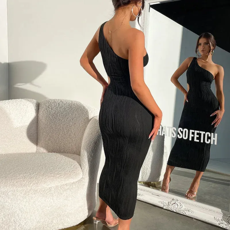 Sexy Cut Out Club Party Sleeveless One Shoulder Textured Midi Dress