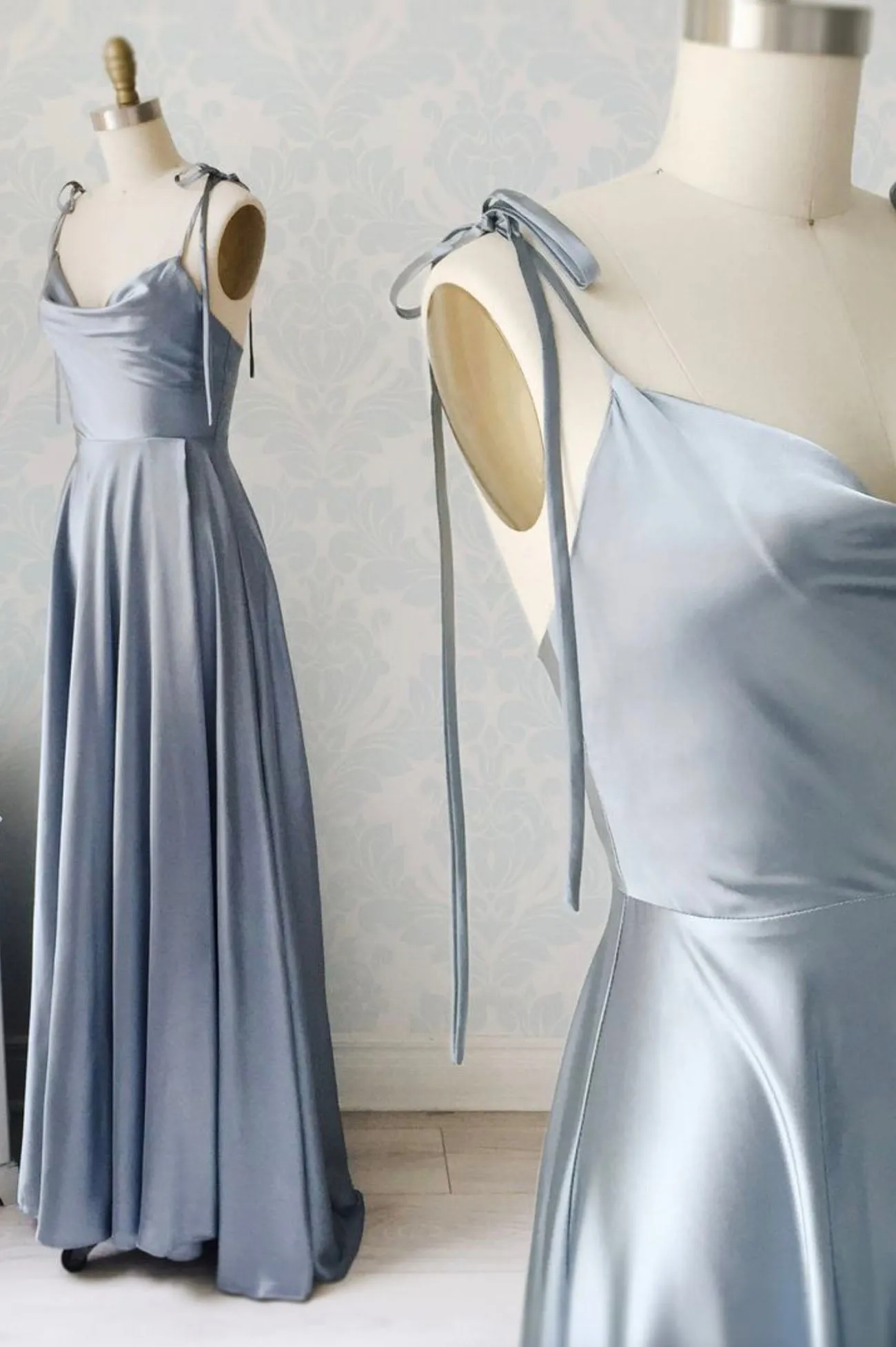 Simple Satin Long Prom Dresses A-Line Spaghetti Straps Party Dresses