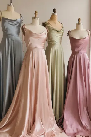 Simple Satin Long Prom Dresses A-Line Spaghetti Straps Party Dresses