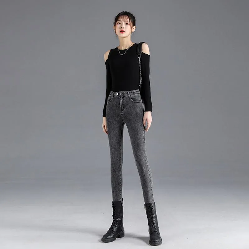 Slimming High-Waisted Light-Colored Double-Breasted Elasticity Pencil Slim-Fit Jeans