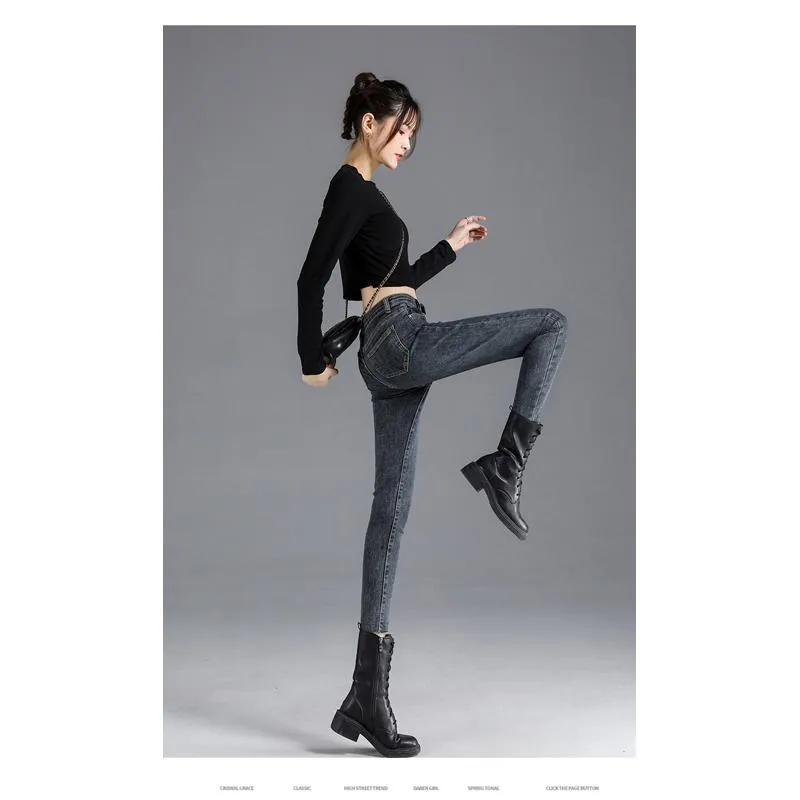 Slimming High-Waisted Light-Colored Double-Breasted Elasticity Pencil Slim-Fit Jeans