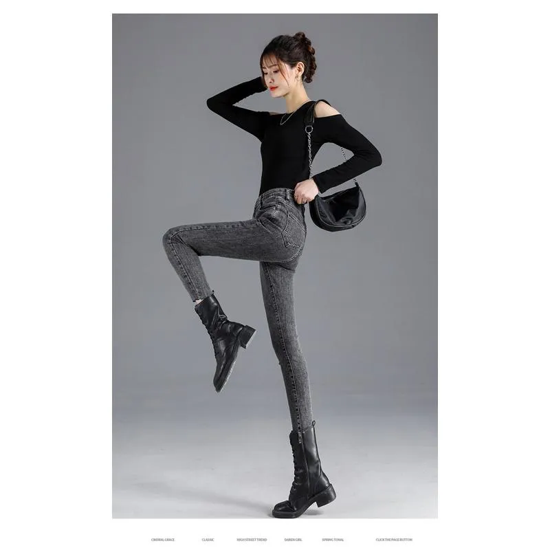 Slimming High-Waisted Light-Colored Double-Breasted Elasticity Pencil Slim-Fit Jeans