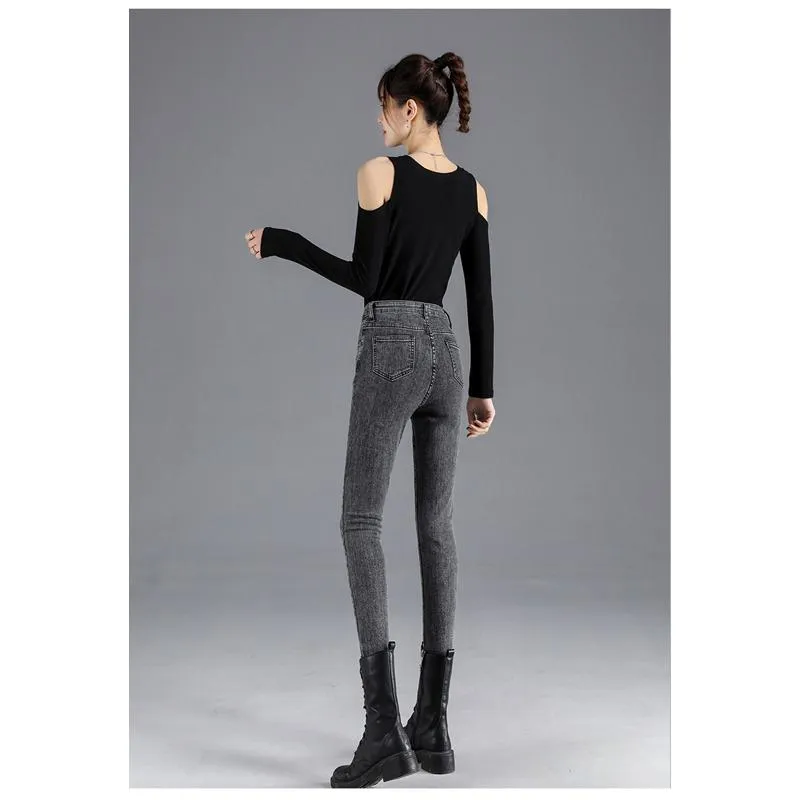 Slimming High-Waisted Light-Colored Double-Breasted Elasticity Pencil Slim-Fit Jeans