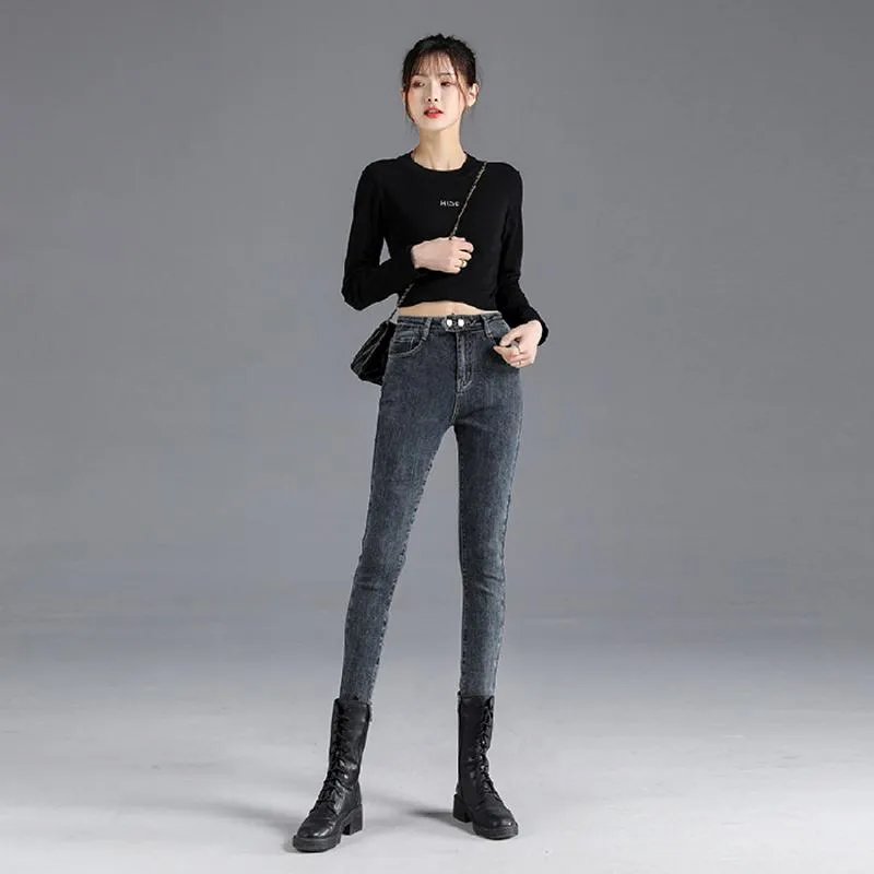 Slimming High-Waisted Light-Colored Double-Breasted Elasticity Pencil Slim-Fit Jeans