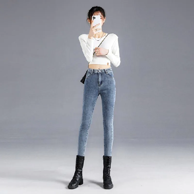 Slimming High-Waisted Light-Colored Double-Breasted Elasticity Pencil Slim-Fit Jeans