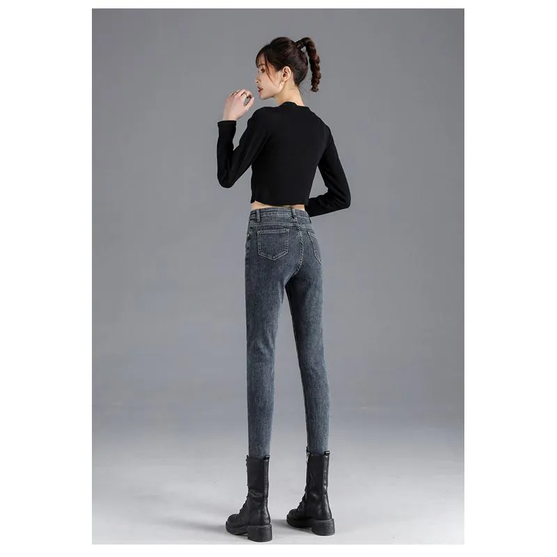 Slimming High-Waisted Light-Colored Double-Breasted Elasticity Pencil Slim-Fit Jeans