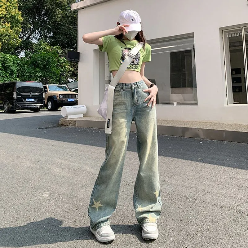 Slimming Stars High-Waisted Print Loose Fit Straight Jeans