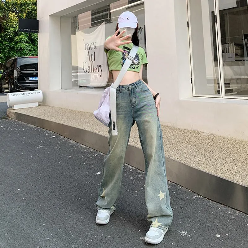 Slimming Stars High-Waisted Print Loose Fit Straight Jeans