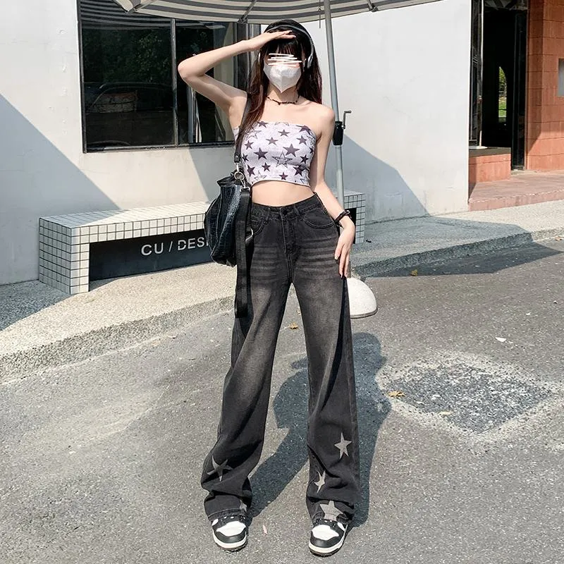 Slimming Stars High-Waisted Print Loose Fit Straight Jeans