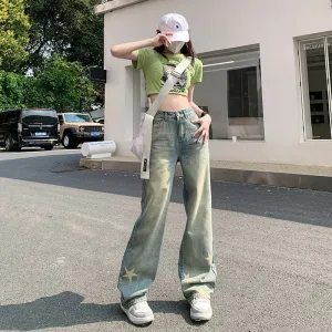 Slimming Stars High-Waisted Print Loose Fit Straight Jeans