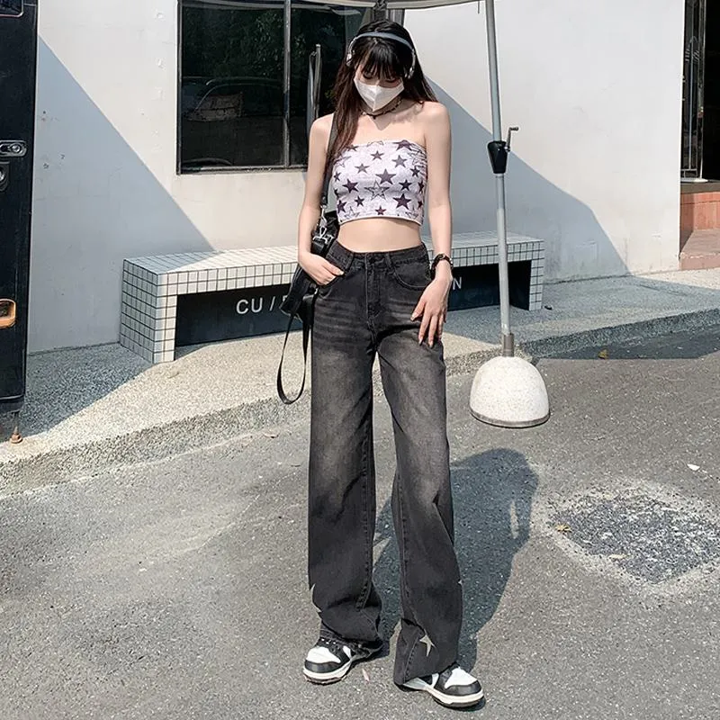 Slimming Stars High-Waisted Print Loose Fit Straight Jeans