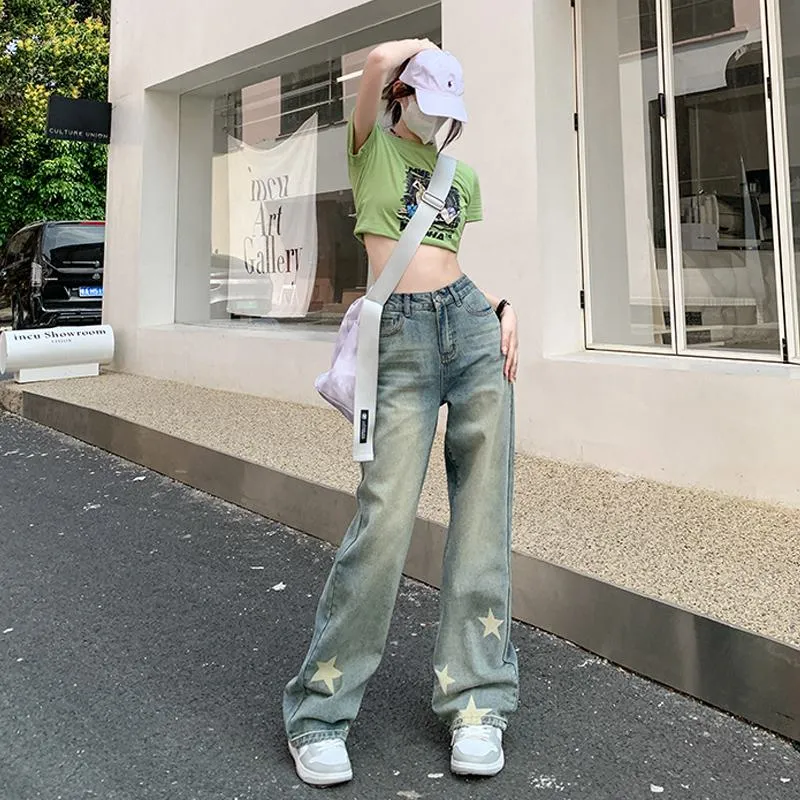 Slimming Stars High-Waisted Print Loose Fit Straight Jeans
