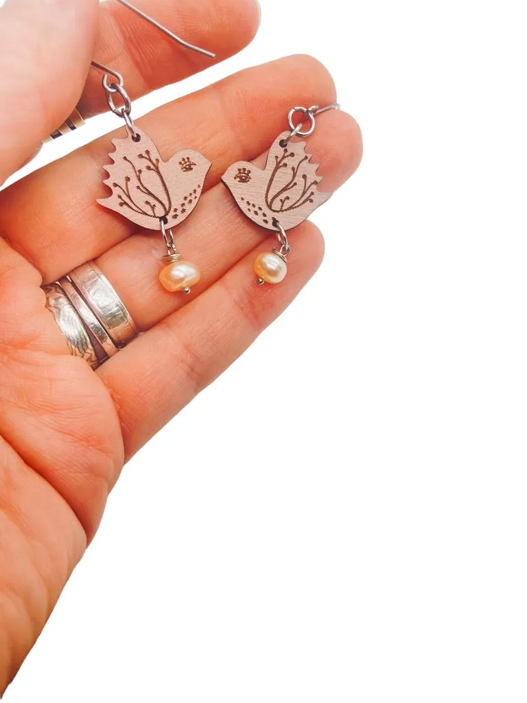 Tiny Pink Bird Dangling Earrings, Lightweight Wooden earrings, Bird Lover Gift