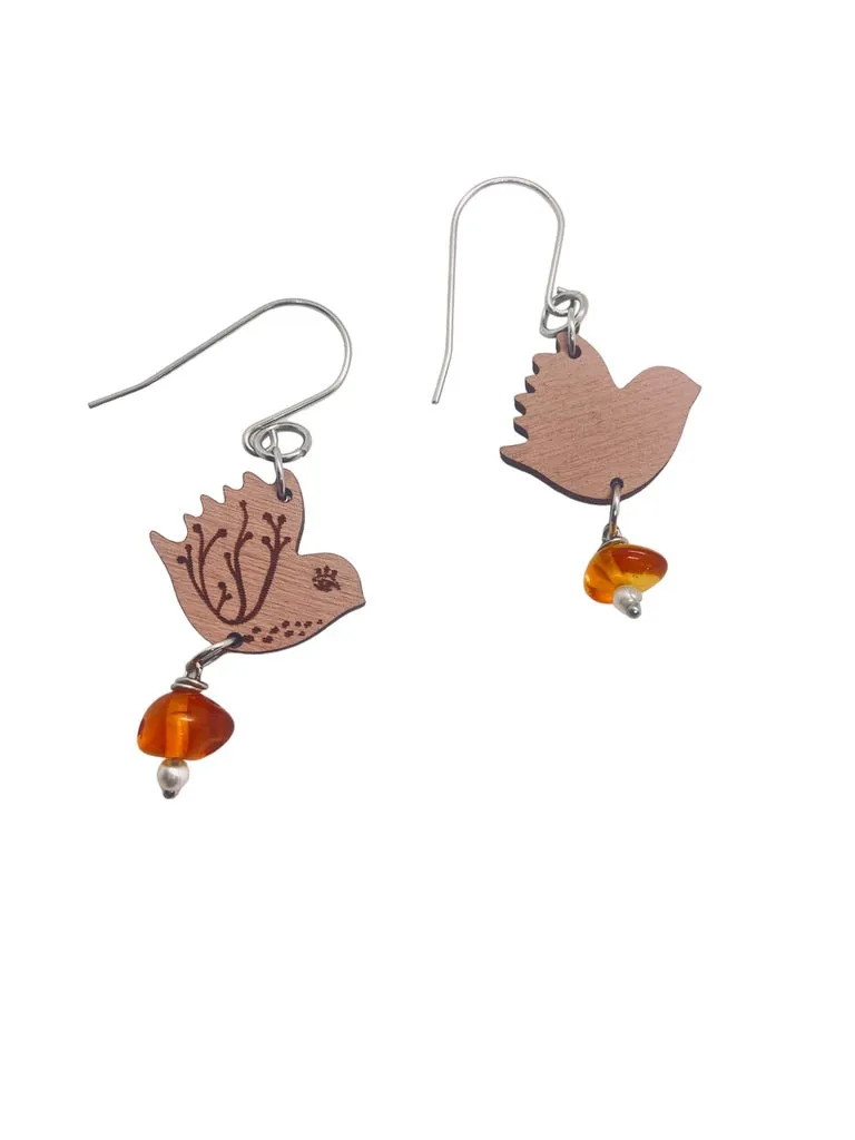 Tiny Pink Bird Dangling Earrings, Lightweight Wooden earrings, Bird Lover Gift