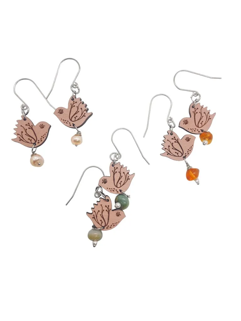 Tiny Pink Bird Dangling Earrings, Lightweight Wooden earrings, Bird Lover Gift