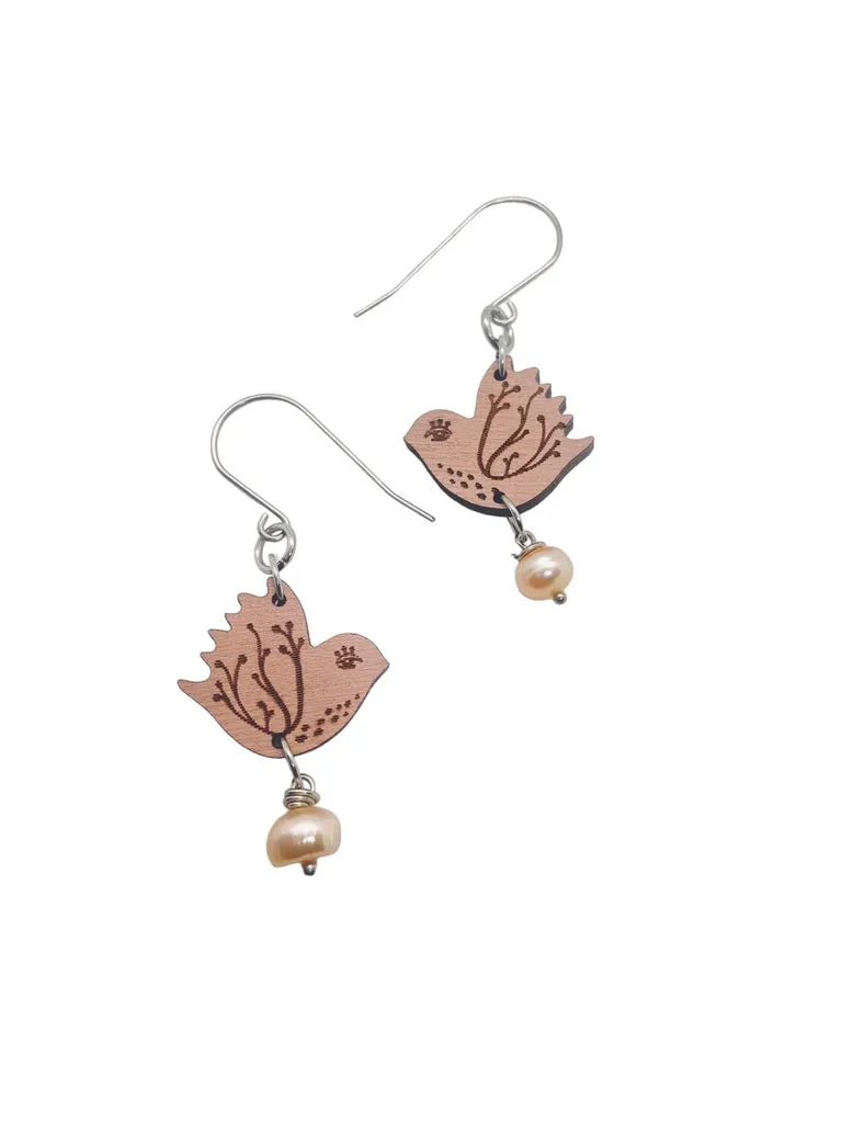 Tiny Pink Bird Dangling Earrings, Lightweight Wooden earrings, Bird Lover Gift