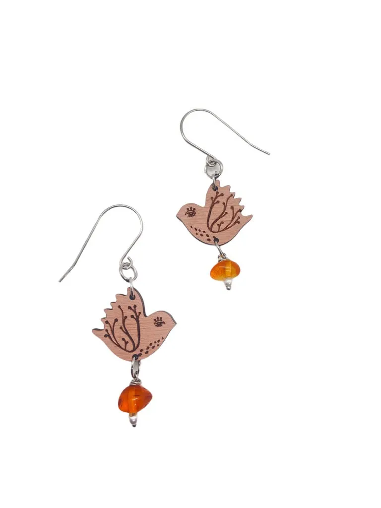 Tiny Pink Bird Dangling Earrings, Lightweight Wooden earrings, Bird Lover Gift
