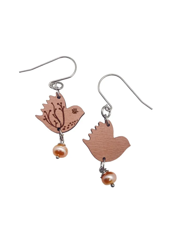 Tiny Pink Bird Dangling Earrings, Lightweight Wooden earrings, Bird Lover Gift