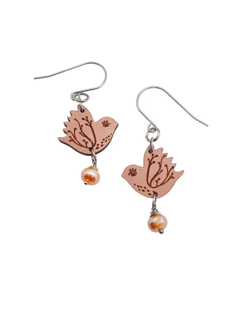 Tiny Pink Bird Dangling Earrings, Lightweight Wooden earrings, Bird Lover Gift