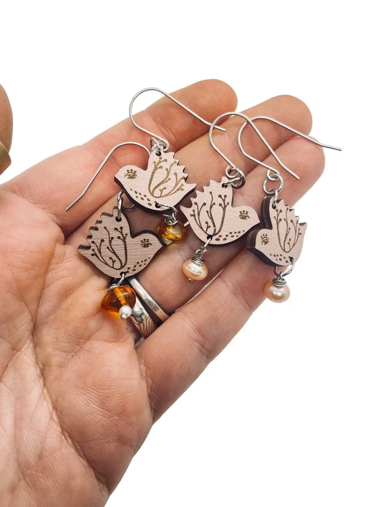 Tiny Pink Bird Dangling Earrings, Lightweight Wooden earrings, Bird Lover Gift