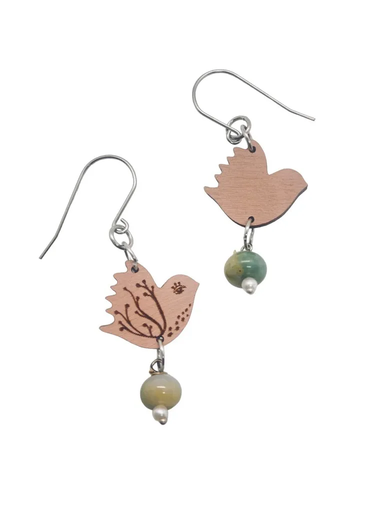 Tiny Pink Bird Dangling Earrings, Lightweight Wooden earrings, Bird Lover Gift