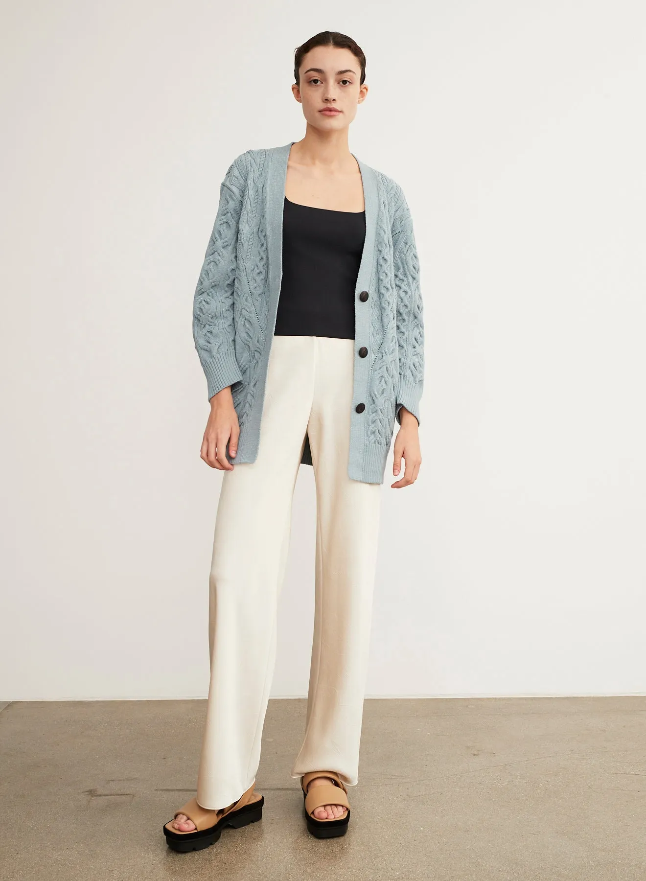 Vince - Aran Cable Cardigan in Light Sea Stone